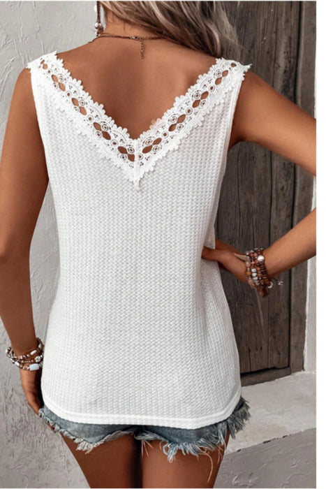 Lace Detail Textured V-Neck Tank in White