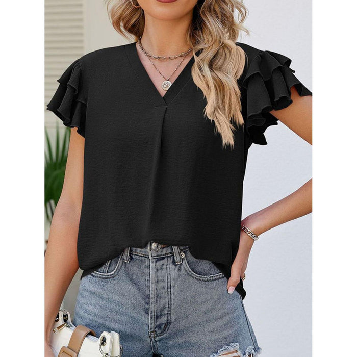 Ruffled V-Neck Cap Sleeve Blouse