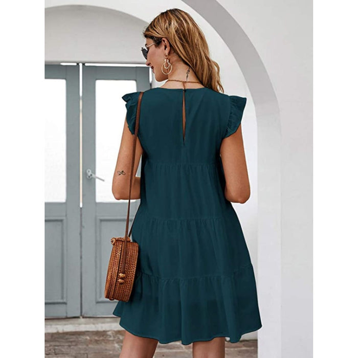 Ruffled Round Neck Cap Sleeve Mini Dress