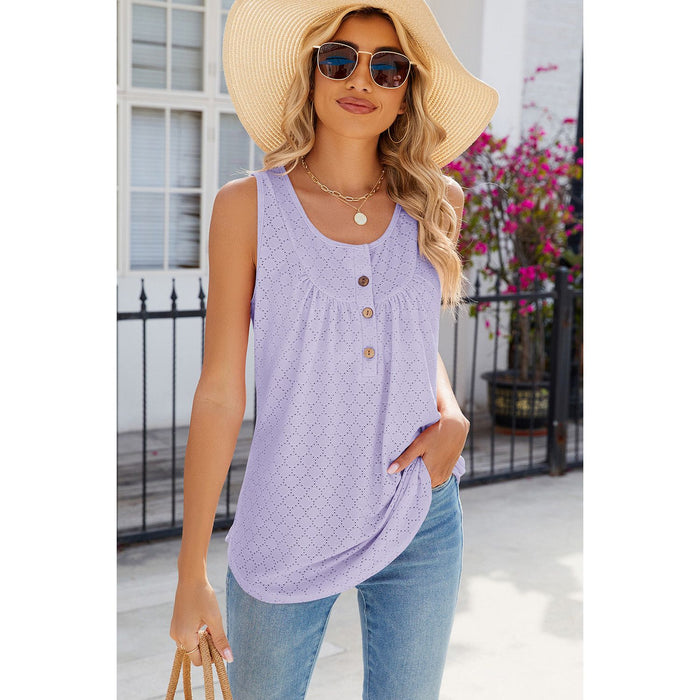 Eyelet Buttoned Round Neck Tank