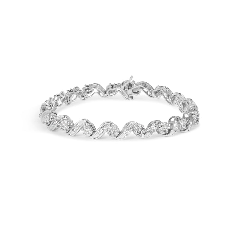 Bids.com 14K White Gold 2.00 Cttw Diamond Cluster and Spiral Link Bracelet (I-J Color, I1-I2 Clarity) - 7" Bracelets