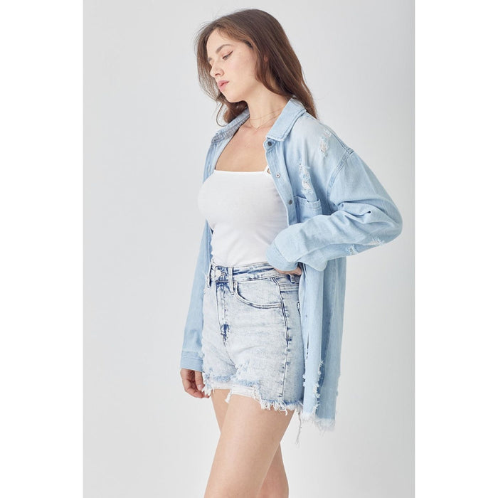 RISEN Raw Hem Distressed High Rise Denim Shorts