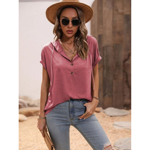 Half Button Hooded Short Sleeve Blouse