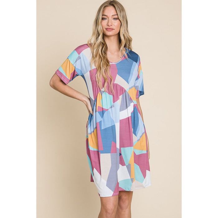 BOMBOM Ruched Color Block Short Sleeve Dress