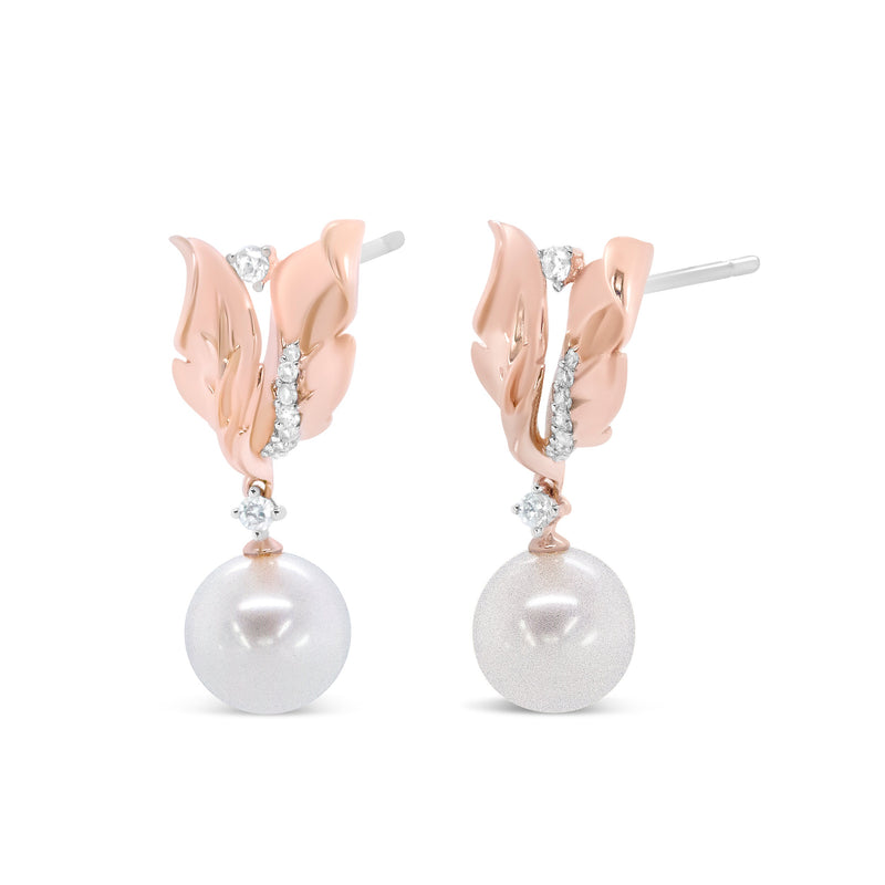 Bids.com 14K Rose Gold 1/6 Cttw Round Diamond and 8mm Round Pearl Floral Drop Stud Earrings (H-I Color, I1-I2 Clarity) Earrings