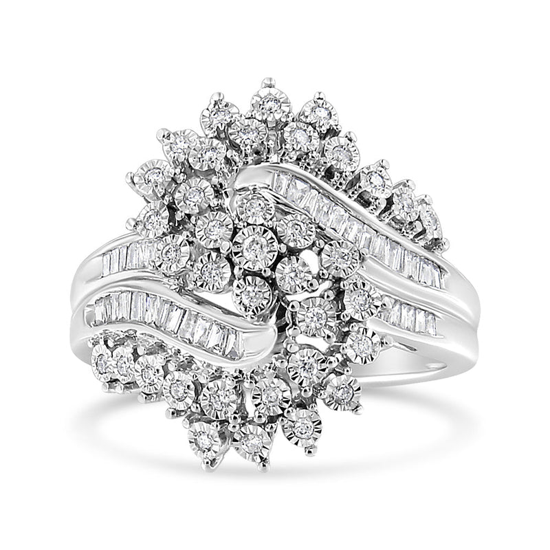 Bids.com 10K White Gold 1/2 Cttw Round and Baguette-Cut "S" Shaped Bypass Cocktail Ring (I-J Color, I1-I2 Clarity) - Size 7 Rings