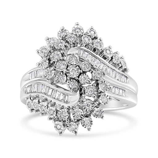 Bids.com 10K White Gold 1/2 Cttw Round and Baguette-Cut "S" Shaped Bypass Cocktail Ring (I-J Color, I1-I2 Clarity) - Size 7 Rings
