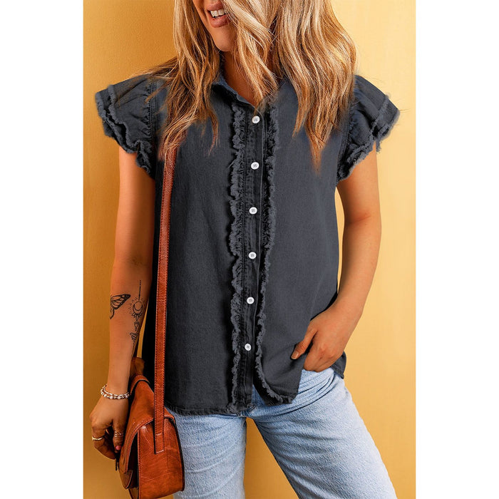 Raw Hem Button Up Cap Sleeve Denim Top