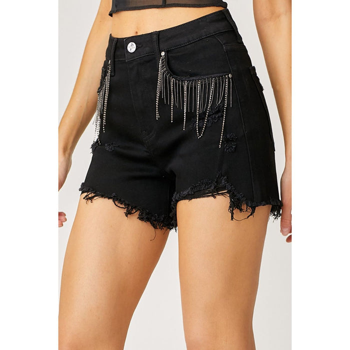 RISEN Frayed Hem Denim Shorts with Fringe Detail Pockets