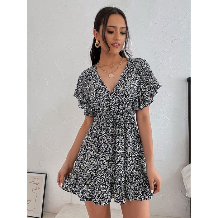 Cutout Ditsy Floral Surplice Flounce Sleeve Dress