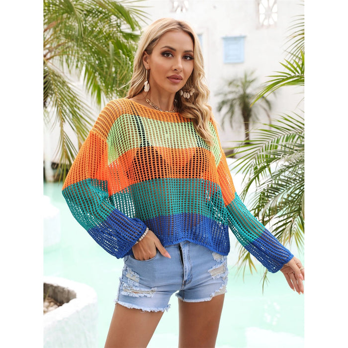 Color Block Openwork Boat Neck Cover Up