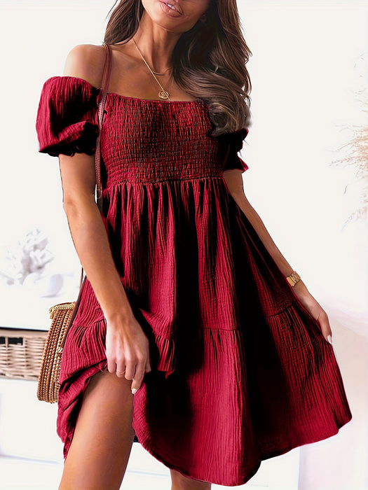 Ruched Ruffled Off-Shoulder Short Sleeve Dress