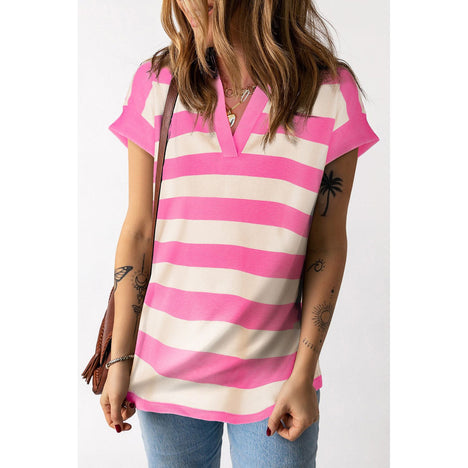 Striped Notched Cap Sleeve Blouse