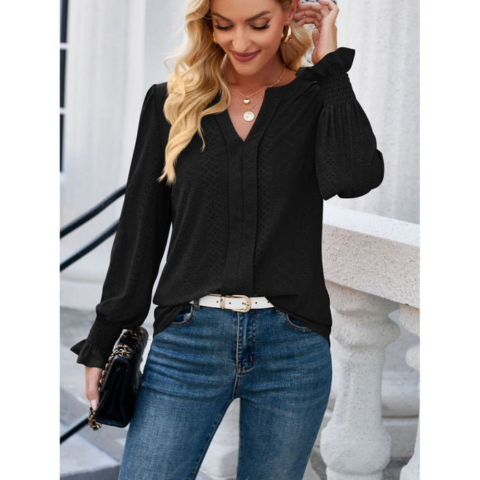 Eyelet Notched Flounce Sleeve Blouse