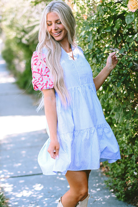 Stripe Contrast Floral Puff Sleeve Tiered Ruffle Dress