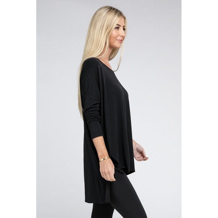 Dolman Long Sleeve V-Neck Side Slit Hi-Low Hem Top