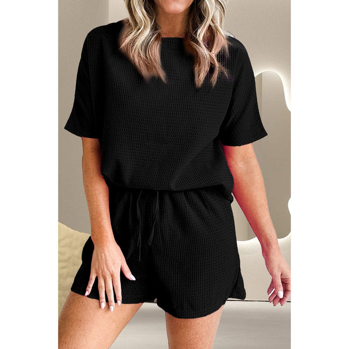 Round Neck Short Sleeve Top and Drawstring Shorts Set