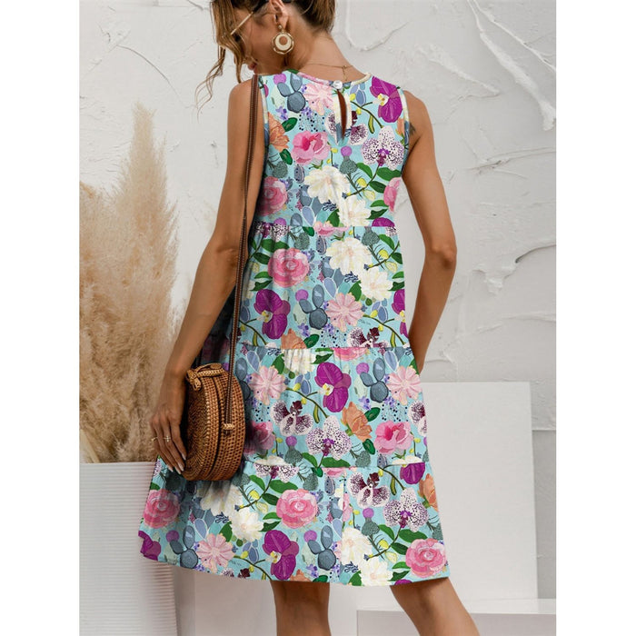 Printed Round Neck Sleeveless Tiered Dress