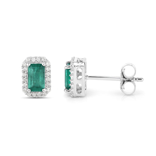Bids.com 0.91 Carat Genuine Zambian Emerald and White Diamond 14K White Gold Earrings Earrings