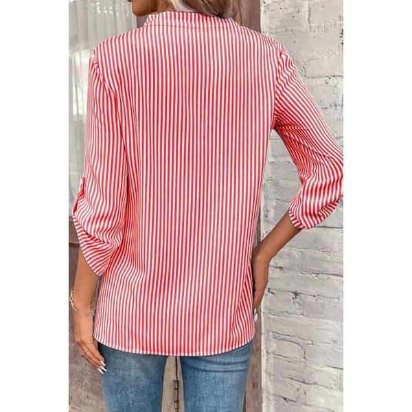 Striped Notched Roll-Tab Sleeve Shirt