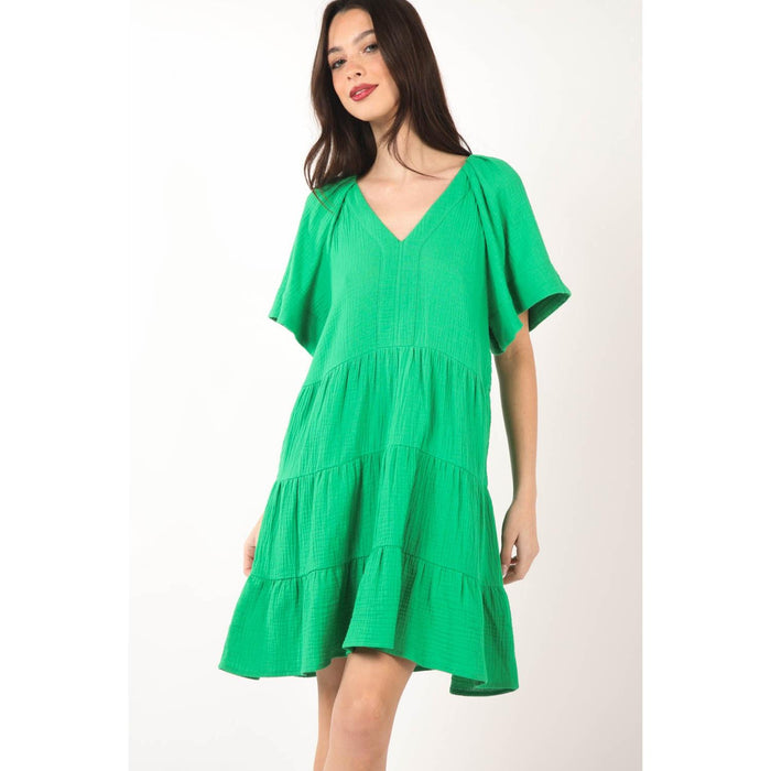 VERY J Texture V-Neck Ruffled Tiered Dress