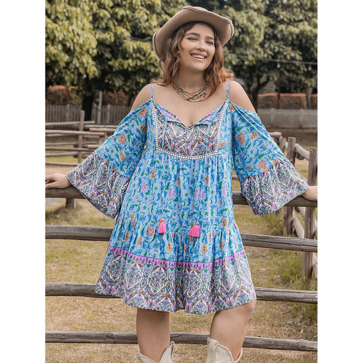 Plus Size Printed Long Sleeve Mini Dress