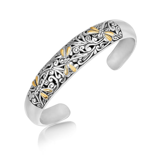 Bids.com 18k Yellow Gold and Sterling Silver Cuff with Dragonfly and Flourishes Bracelets White Smoke Yellow Gold & Sterling Silver