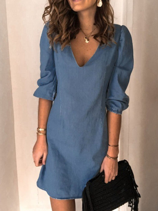 V-Neck Half Sleeve Denim Dress