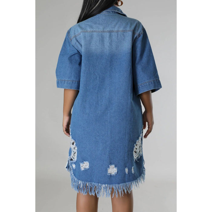 Distressed Raw Hem Button Up Denim Dress