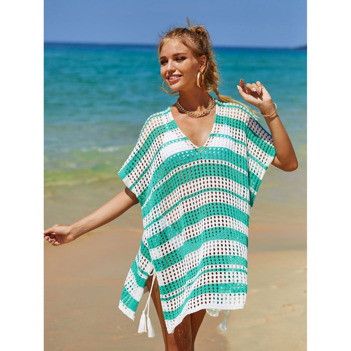 Tassel Openwork Striped V-Neck Cover Up