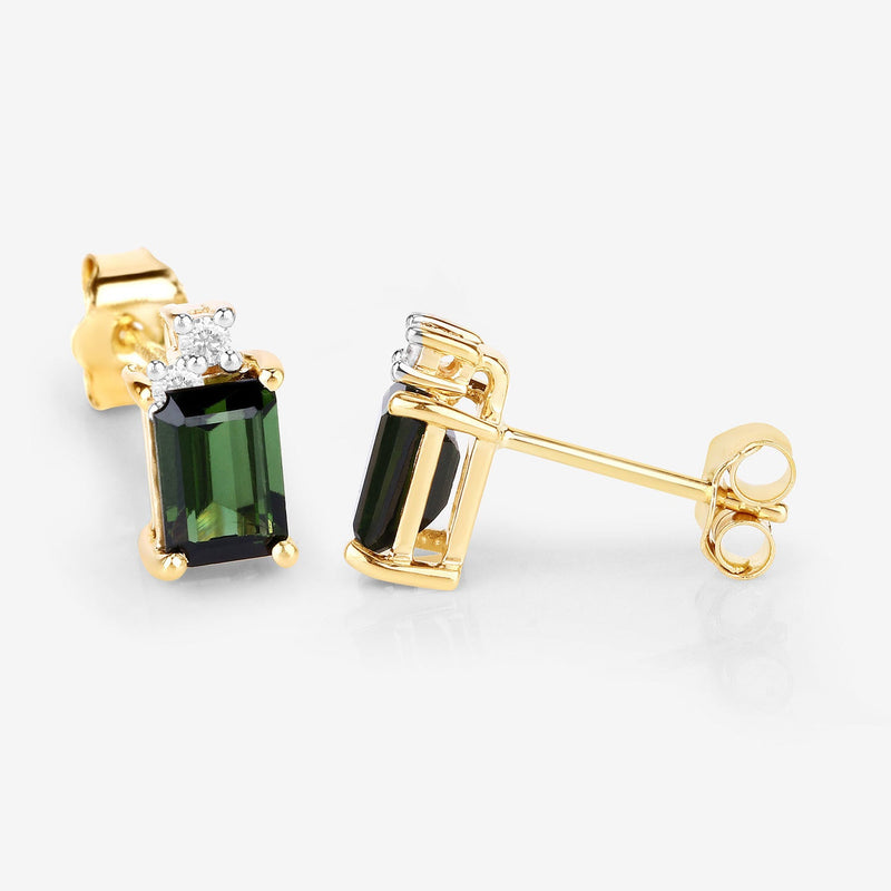 Bids.com 1.24 Carat Genuine Green Tourmaline and White Diamond 14K Yellow Gold Earrings Earrings