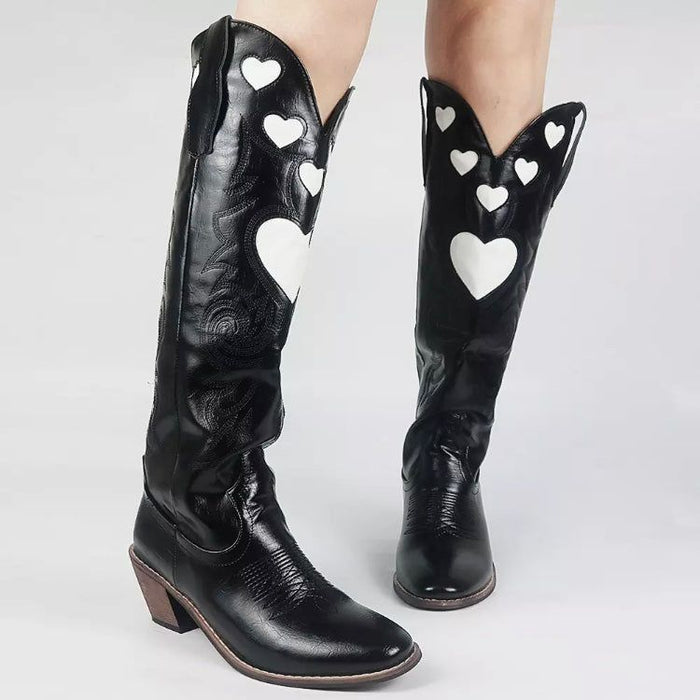 Retro Cowboy Heart Shape Sewing Western Boots For Women