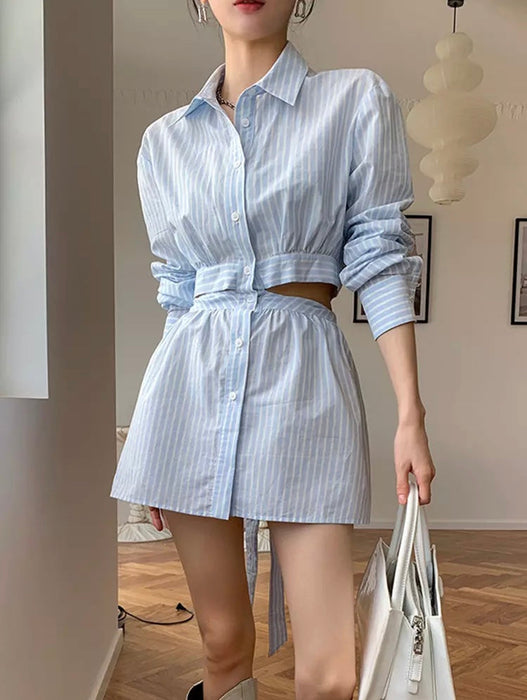 Fashionella Striped Colorblock Cut Out Mini Shirt Dress