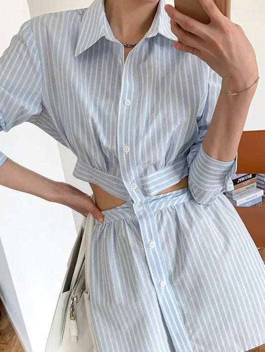 Fashionella Striped Colorblock Cut Out Mini Shirt Dress