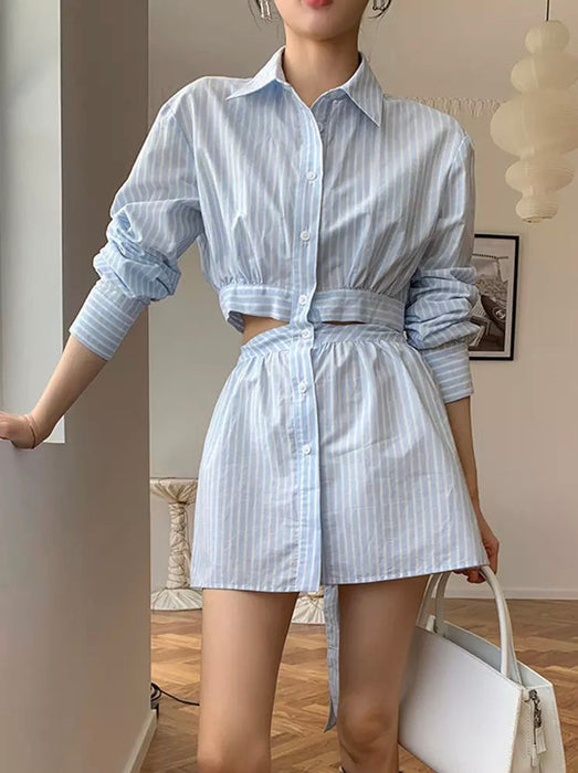 Fashionella Striped Colorblock Cut Out Mini Shirt Dress