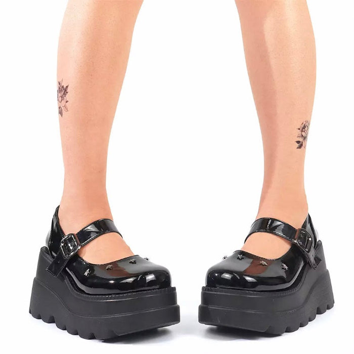 Fashionella Wednesday Addams Chunky Platform Gothic Mary Jane Shoes For Women