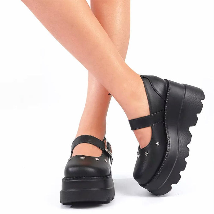 Fashionella Wednesday Addams Chunky Platform Gothic Mary Jane Shoes For Women