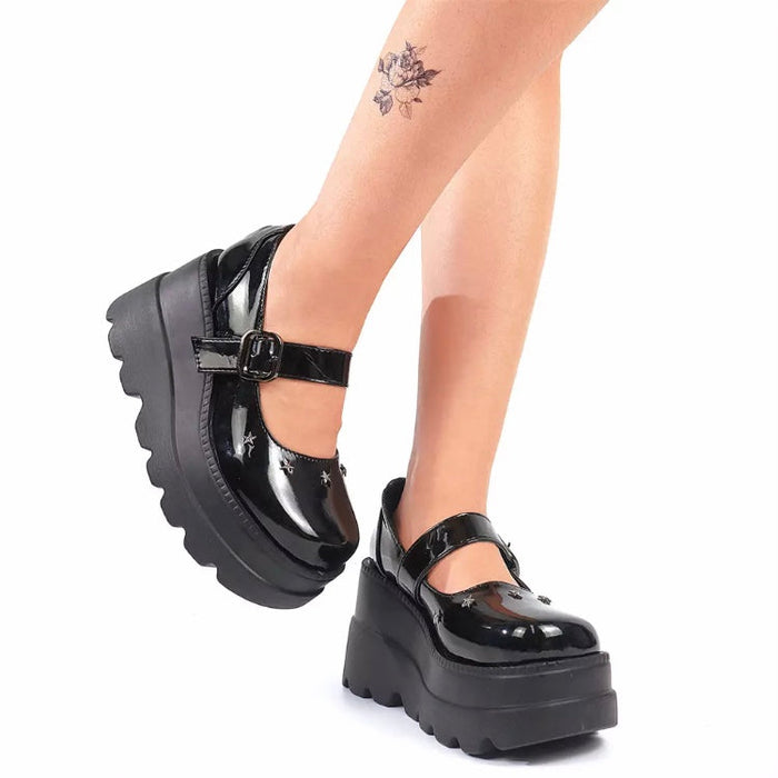 Fashionella Wednesday Addams Chunky Platform Gothic Mary Jane Shoes For Women