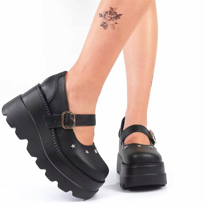 Fashionella Wednesday Addams Chunky Platform Gothic Mary Jane Shoes For Women