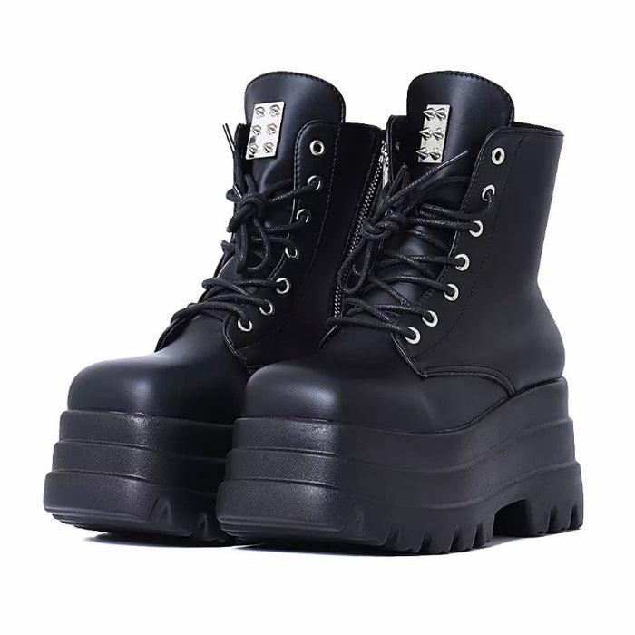 Fashionella Wednesday Addams Chunky Platform Strap Lace-up Gothic Boots For Women