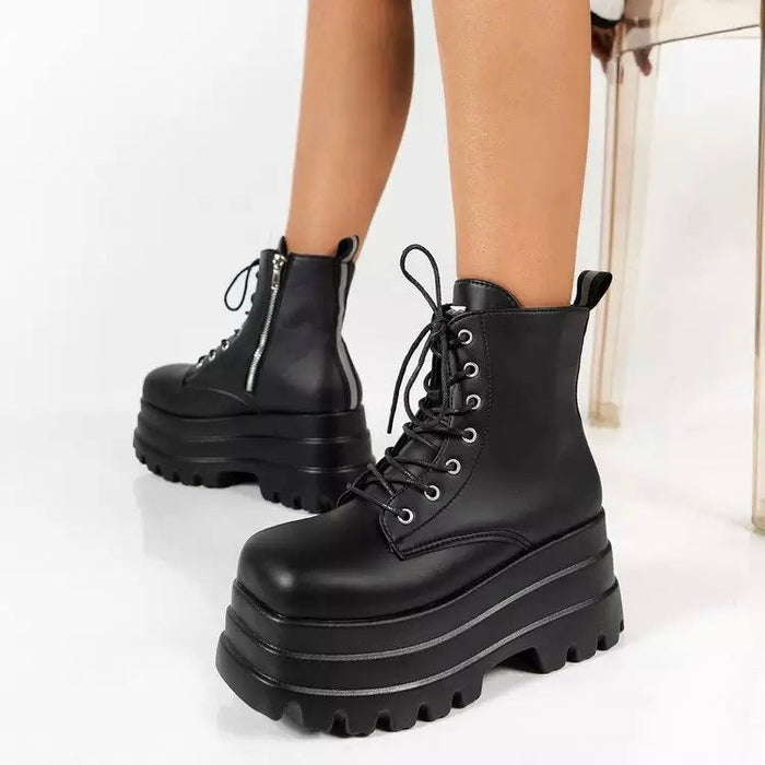 Fashionella Wednesday Addams Chunky Platform Strap Lace-up Gothic Boots For Women