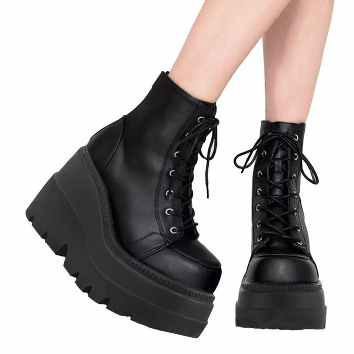 Fashionella Wednesday Addams Gothic Chunky Platform Punk Boots For Women