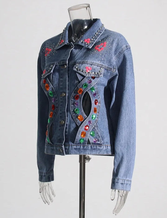 Fashionella Diamonds Hollow Out Long Sleeve Women Denim Jacket