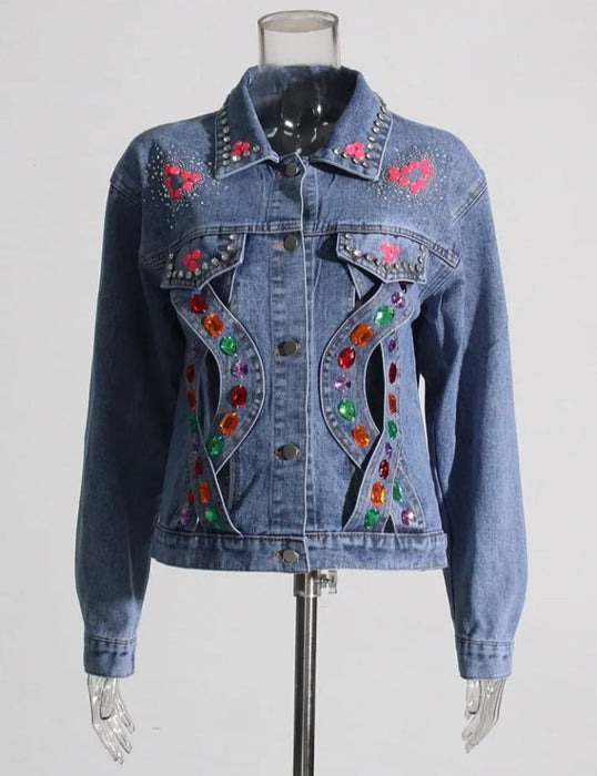 Fashionella Diamonds Hollow Out Long Sleeve Women Denim Jacket