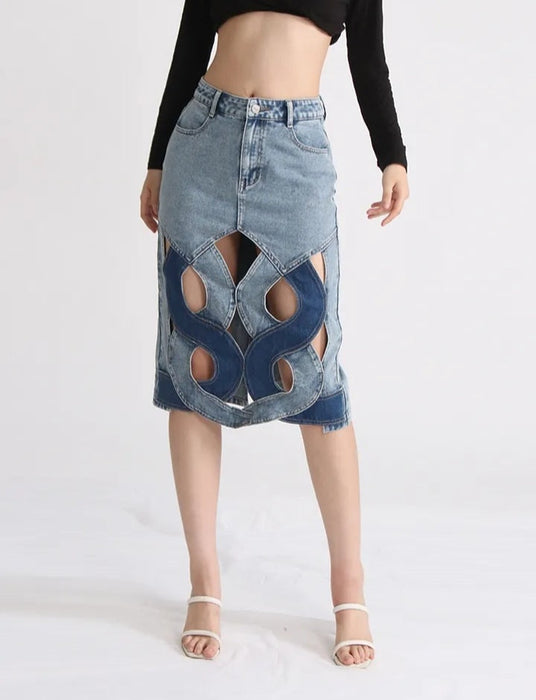 Fashionella Hollow Out High Waist Minimalist A Line Denim Skirt