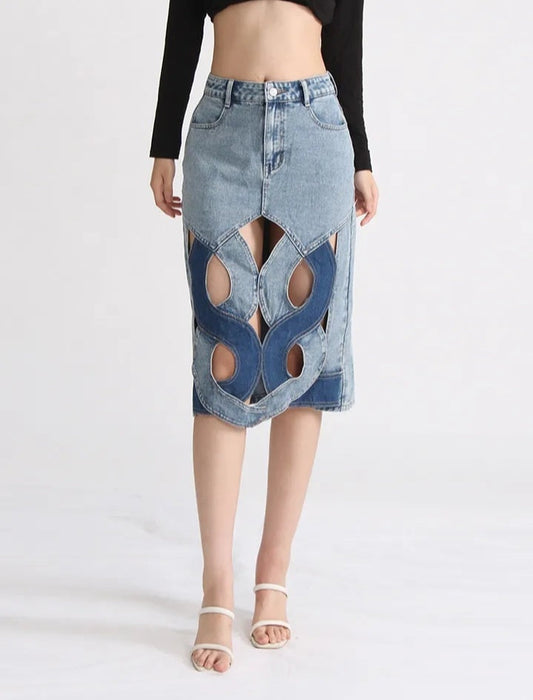 Fashionella Hollow Out High Waist Minimalist A Line Denim Skirt