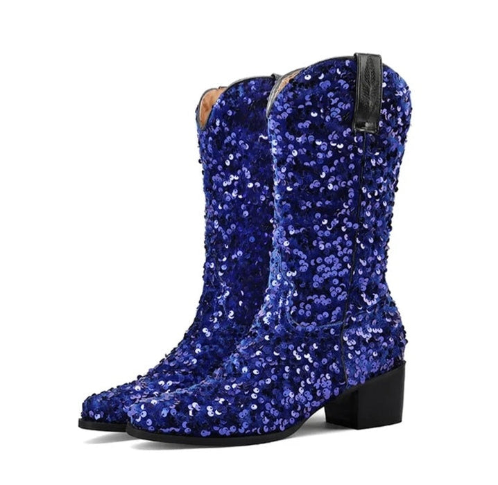 Fashionella Vintage Retro Style Sequin Women Western Cowboy Boots