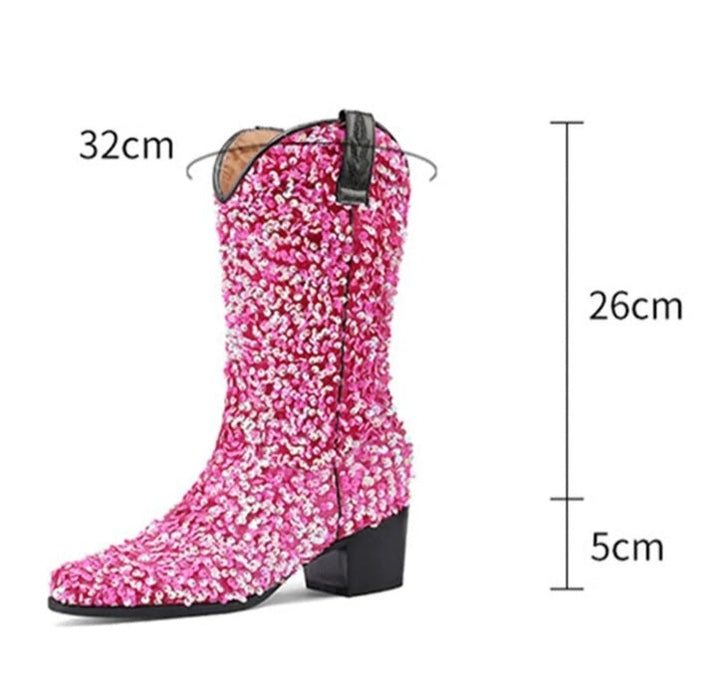 Fashionella Vintage Retro Style Sequin Women Western Cowboy Boots