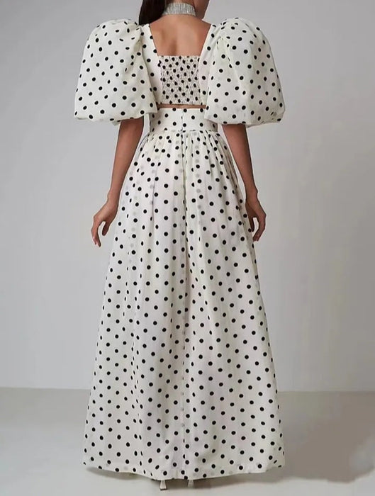 Vintage Style Women Polka Puff Sleeve Outfit Set