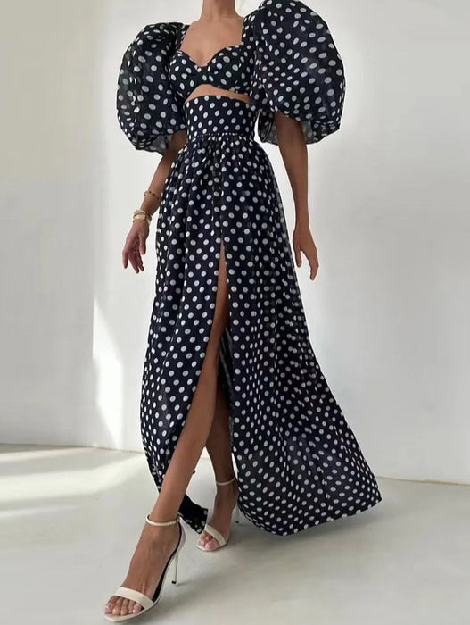 Vintage Style Women Polka Puff Sleeve Outfit Set